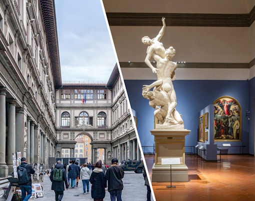 Uffizi Gallery facade with visitors and Accademia Gallery interior showcasing sculptures in Florence, Italy.