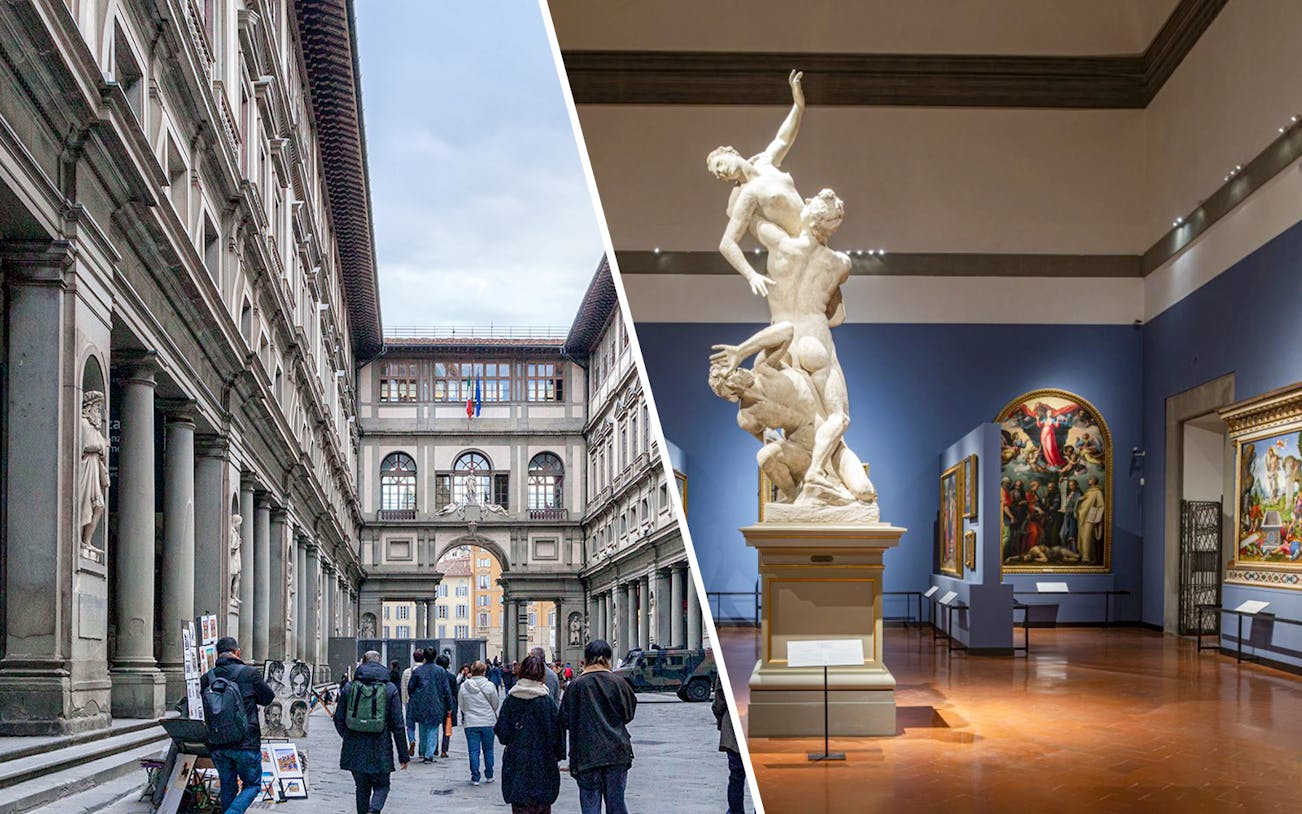 Uffizi Gallery exterior with visitors and artwork inside the Accademia Gallery, Florence.