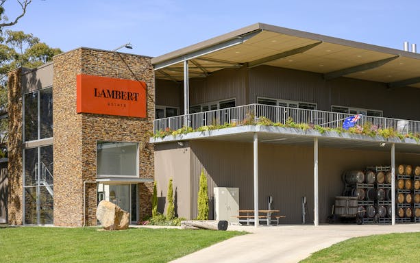 Lambert Estate winery building with barrels in Barossa Valley, Australia.