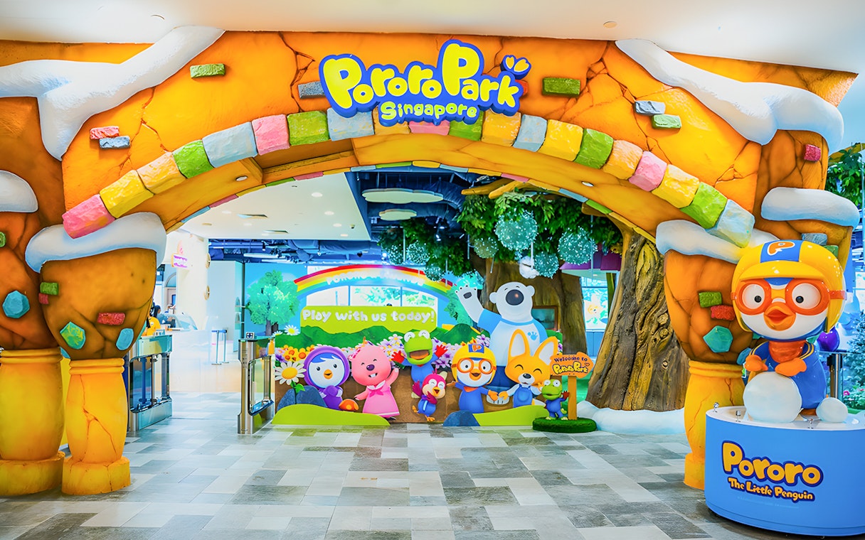 Entrance to Pororo Park Singapore with colorful characters and playful decor.