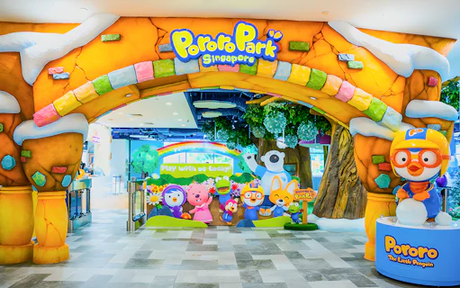 Entrance to Pororo Park Singapore with colorful characters and playful decor.