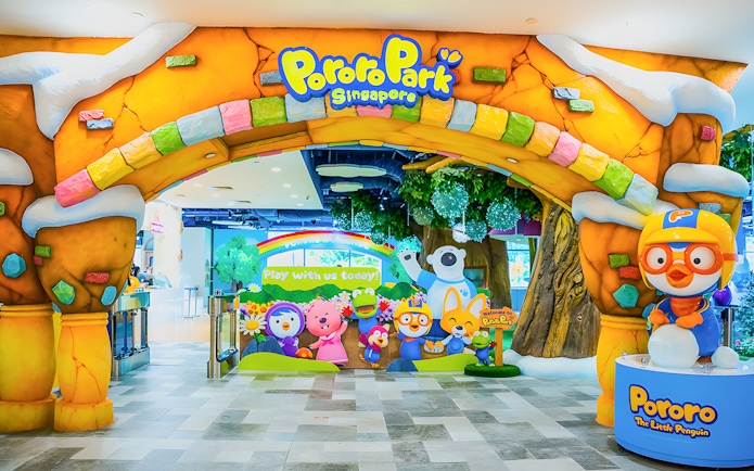 Entrance to Pororo Park Singapore with colorful characters and playful decor.