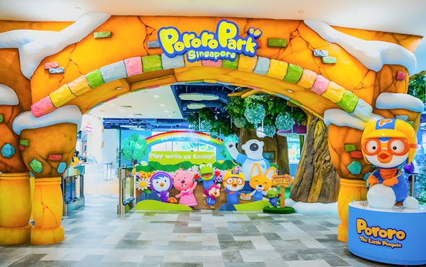 Entrance to Pororo Park Singapore with colorful characters and playful decor.