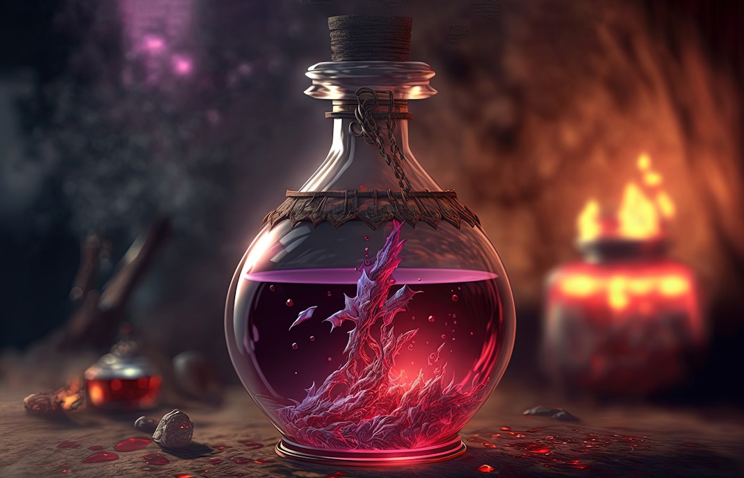 Image of a potion in a glass bottle.