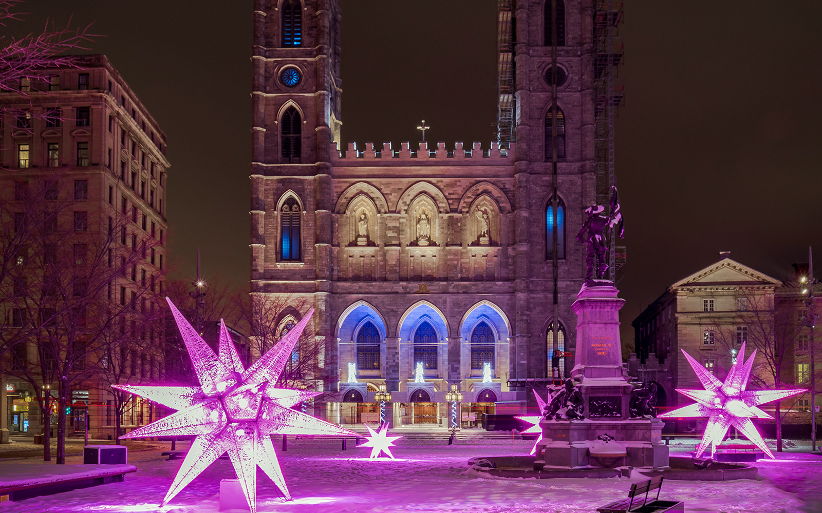 Christmas lights and decorations near Notre Dame Basilica, Paris.