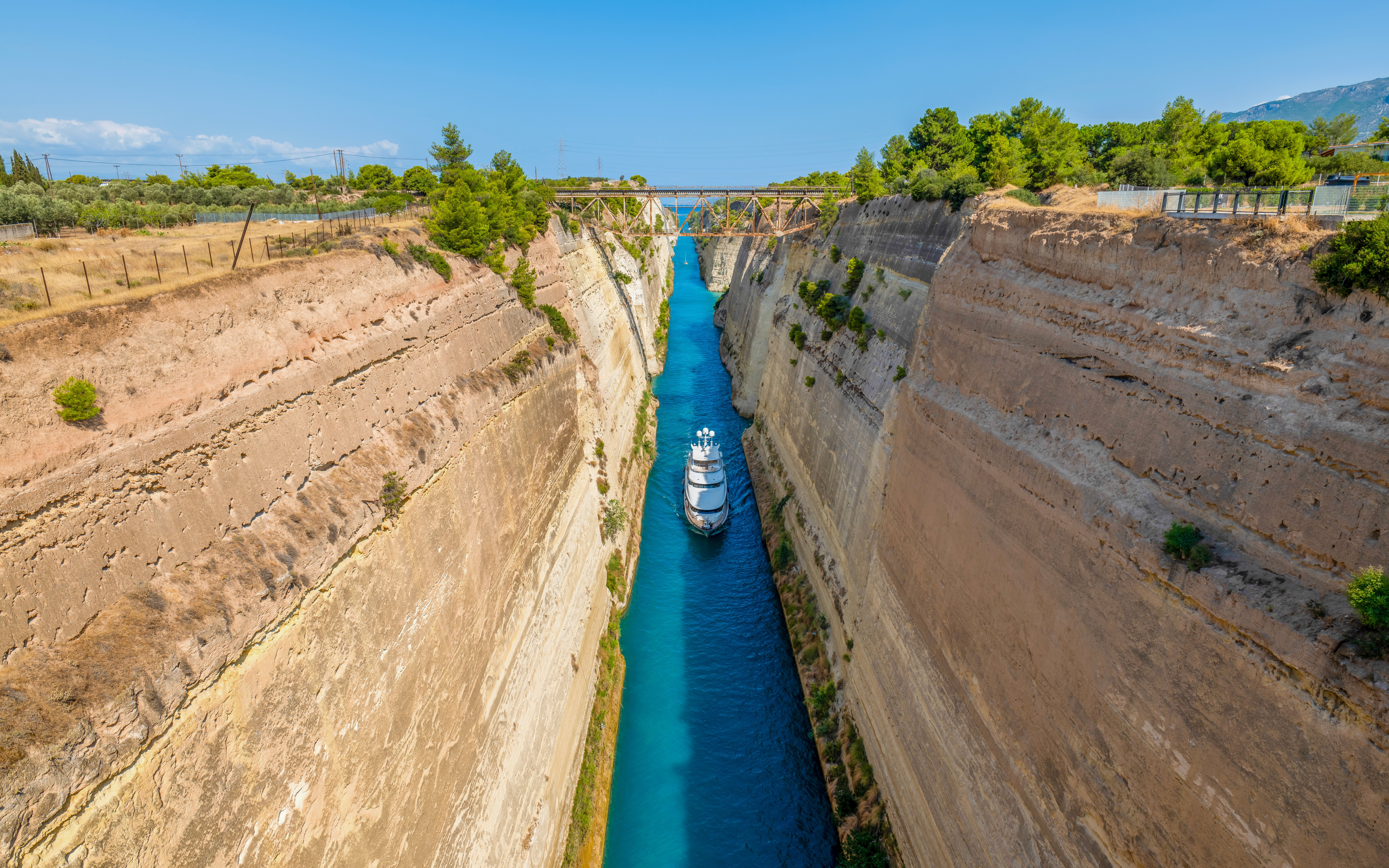 Boat navigating through the Corinth Canal in Greece.
