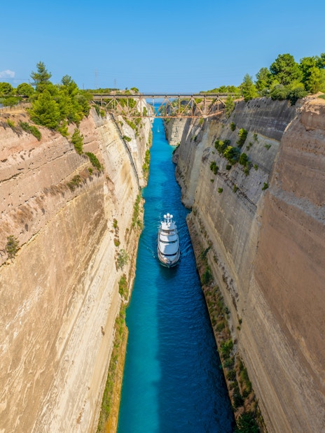 Boat navigating through the Corinth Canal in Greece.