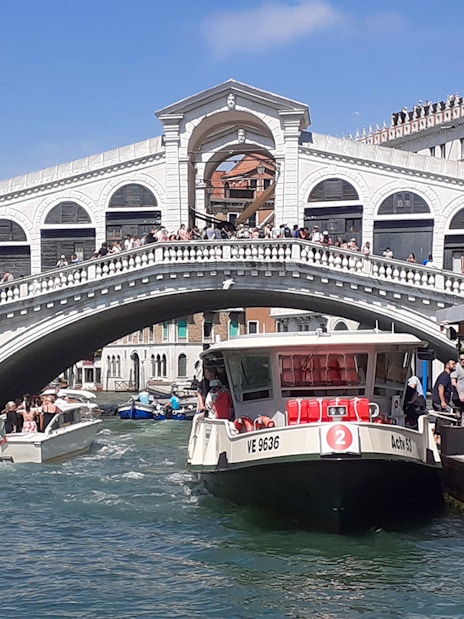ACTV water bus on Venice's Grand Canal near Rialto Bridge.