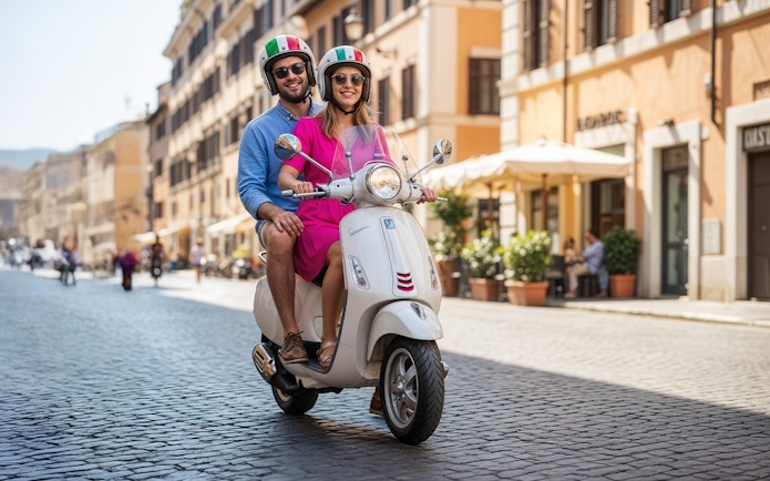 Couple riding a Vespa on a cobblestone street in central Rome.