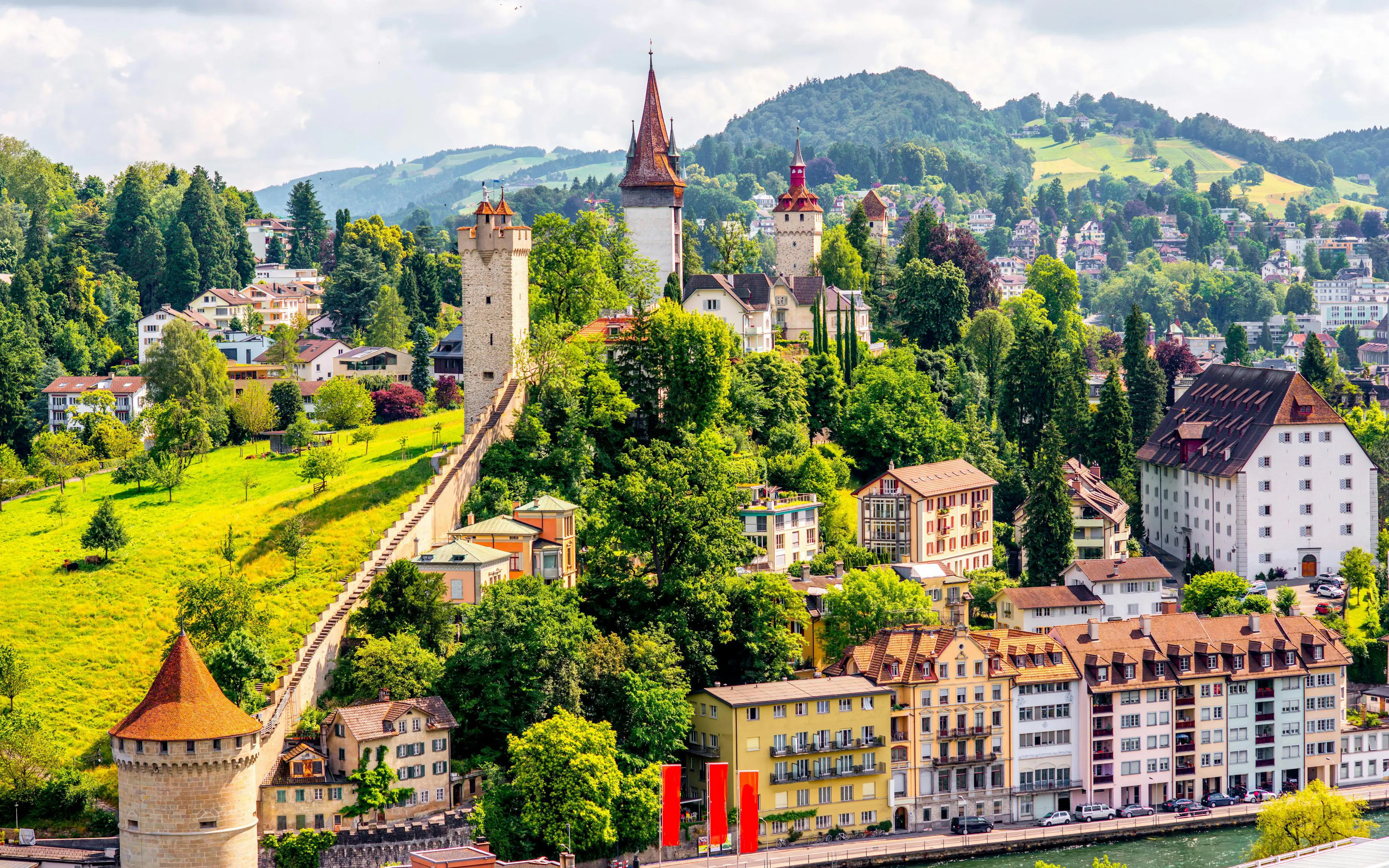 Old Town Lucerne with fortification wall and towers, Switzerland.