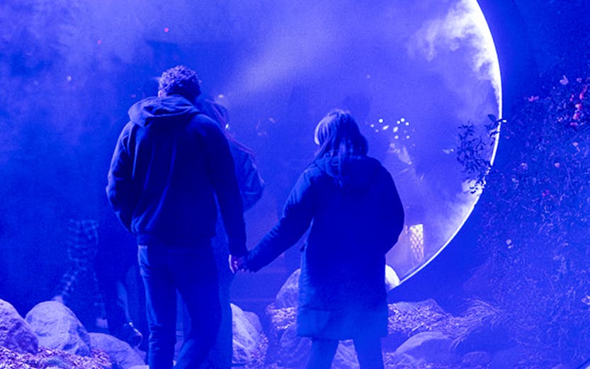 Couple walking through illuminated archway in misty garden at night.