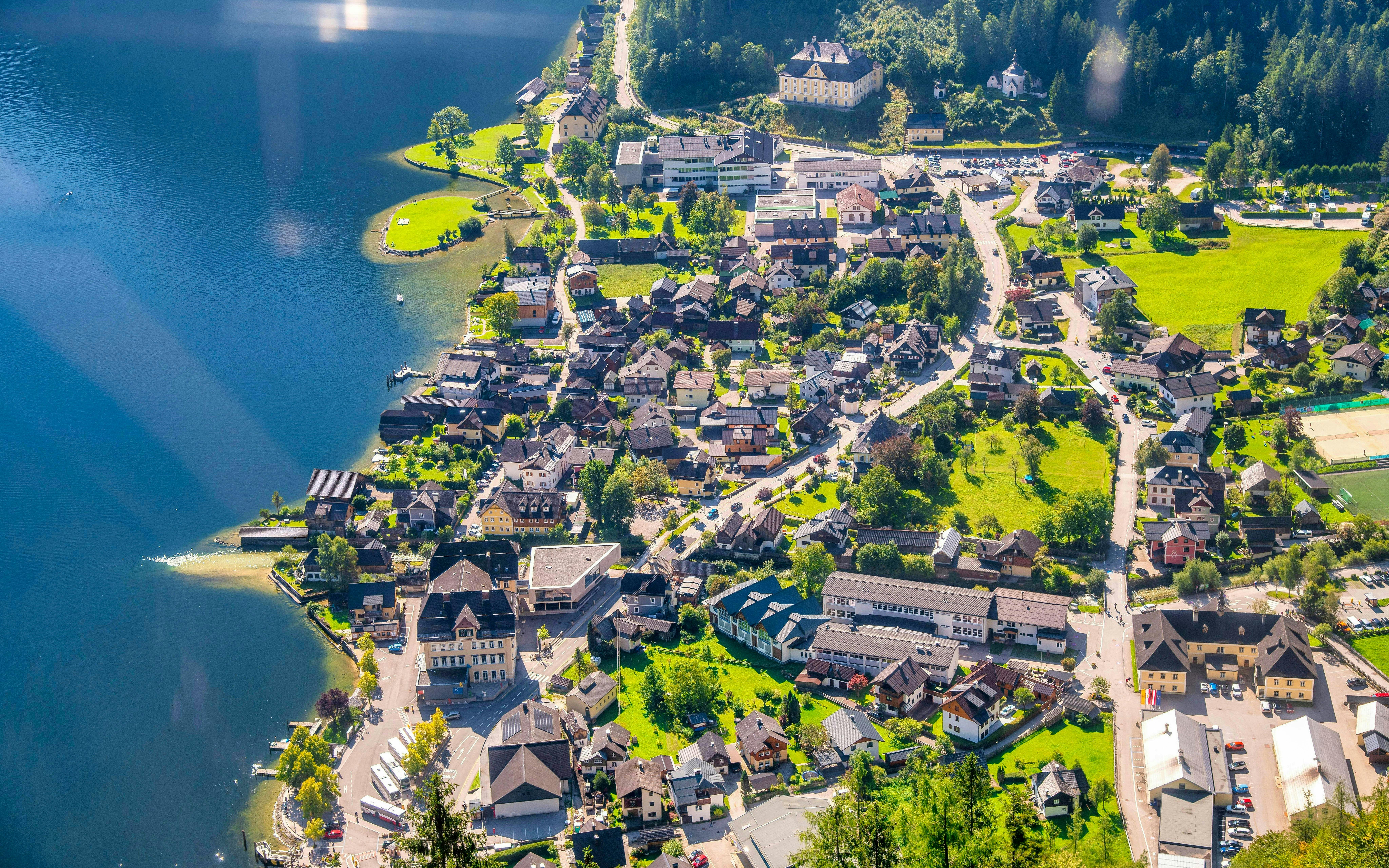 Aerial view of Hallstatt village and lake from Skywalk Lift, Austria.