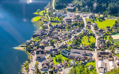 Aerial view of Hallstatt village and lake from Skywalk Lift, Austria.