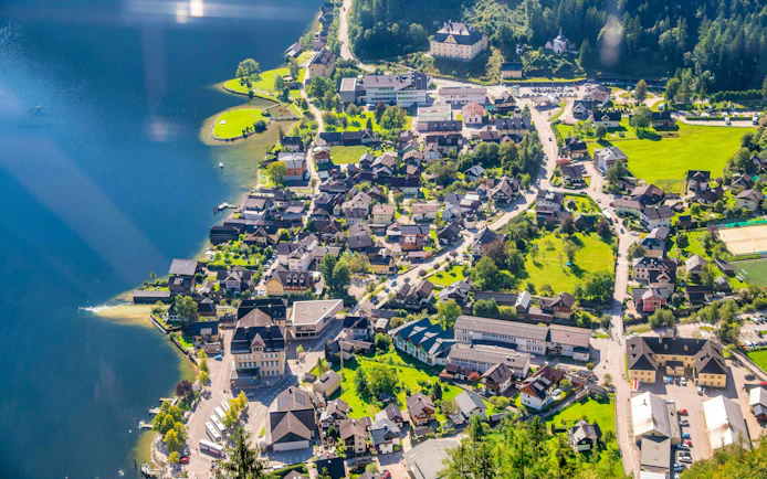 Aerial view of Hallstatt village and lake from Skywalk Lift, Austria.