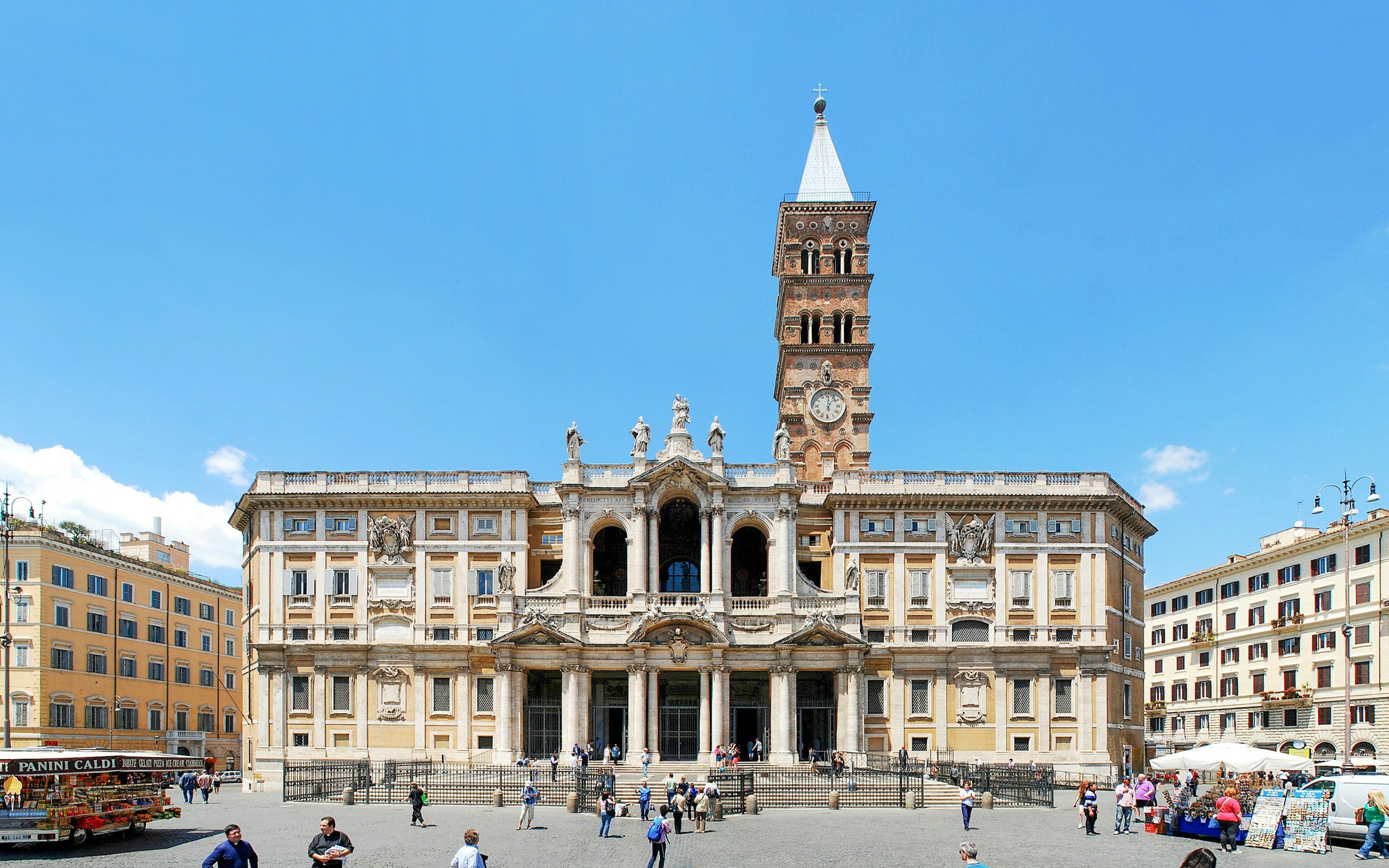 Basilica di Santa Maria Maggiore facade with bell tower in Rome, Italy.
