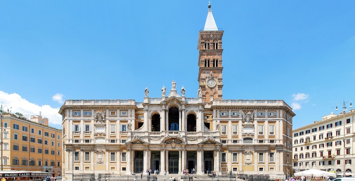 Basilica di Santa Maria Maggiore facade with bell tower in Rome, Italy.