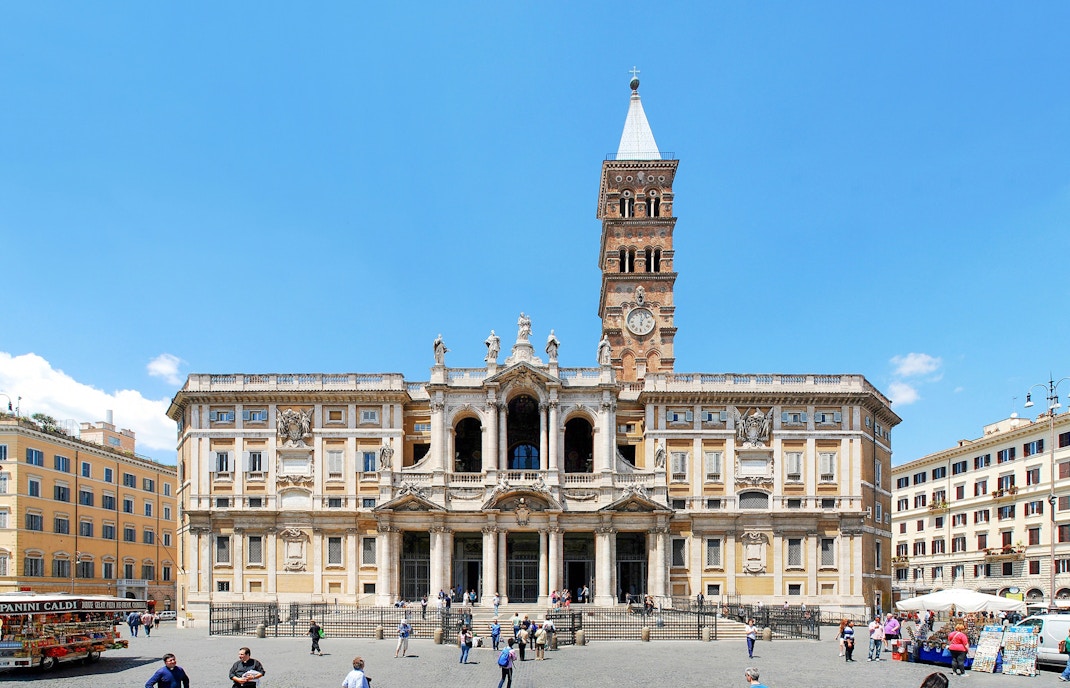 Basilica di Santa Maria Maggiore facade with bell tower in Rome, Italy.