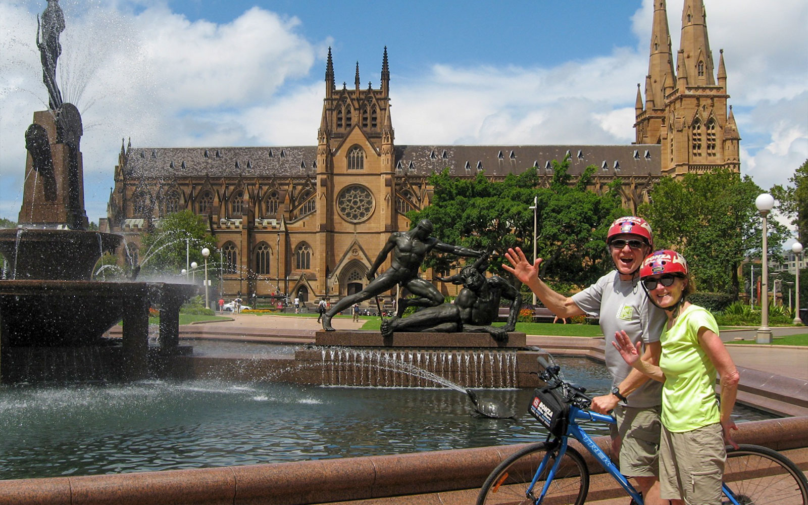 Cyclists enjoying Bonza Bike Tours near St Mary's Cathedral, Sydney.