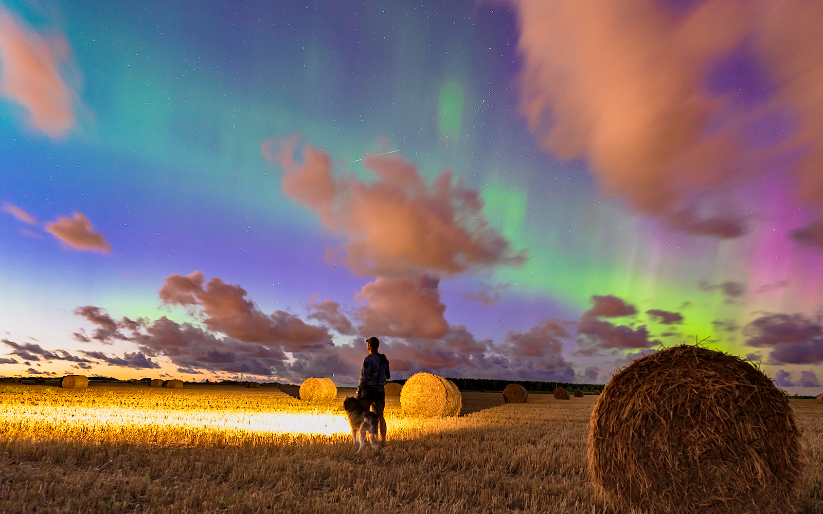 Northern lights illuminating the night sky over a snowy landscape in Norway.
