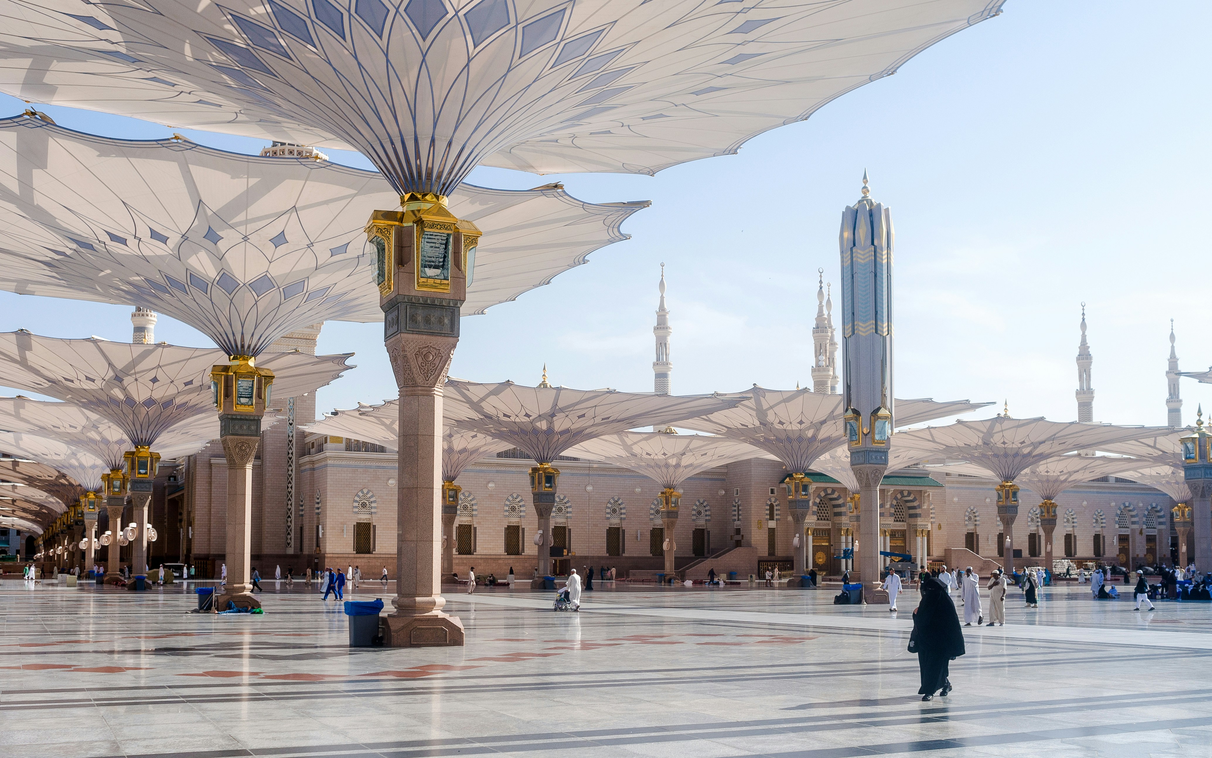 Umbrella structures at Al-Masjid An-Nabawi square in Medina, Saudi Arabia.