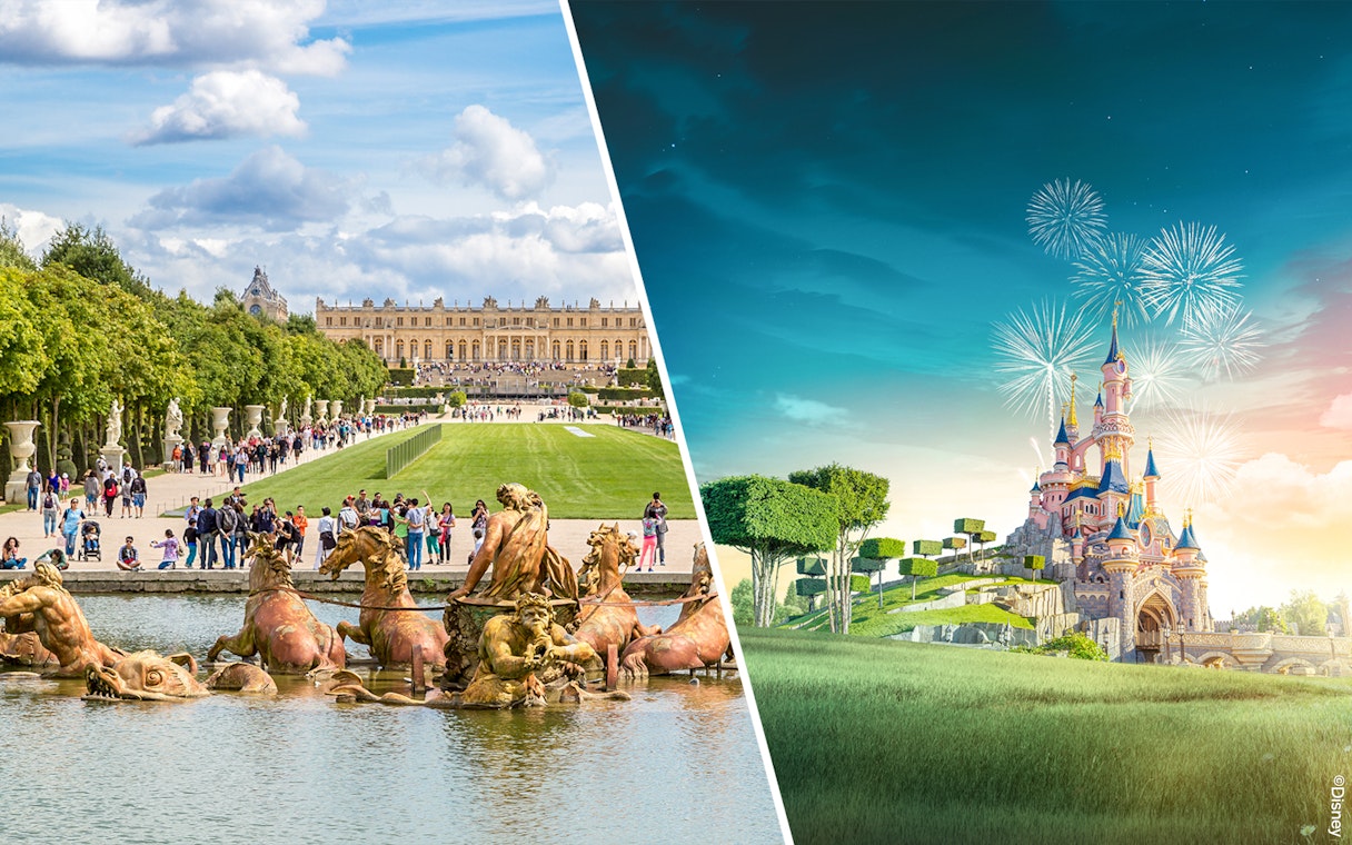 Disneyland Paris Castle with fireworks in the evening sky.