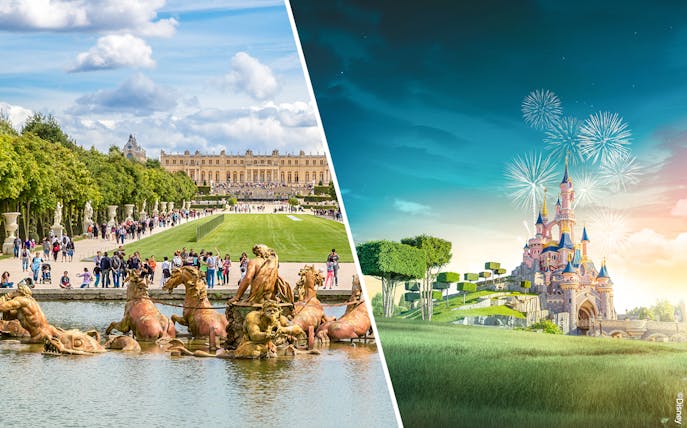 Disneyland Paris Castle with fireworks in the evening sky.