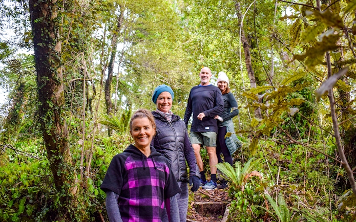 Tourists walking through lush rainforest at Franz Josef.