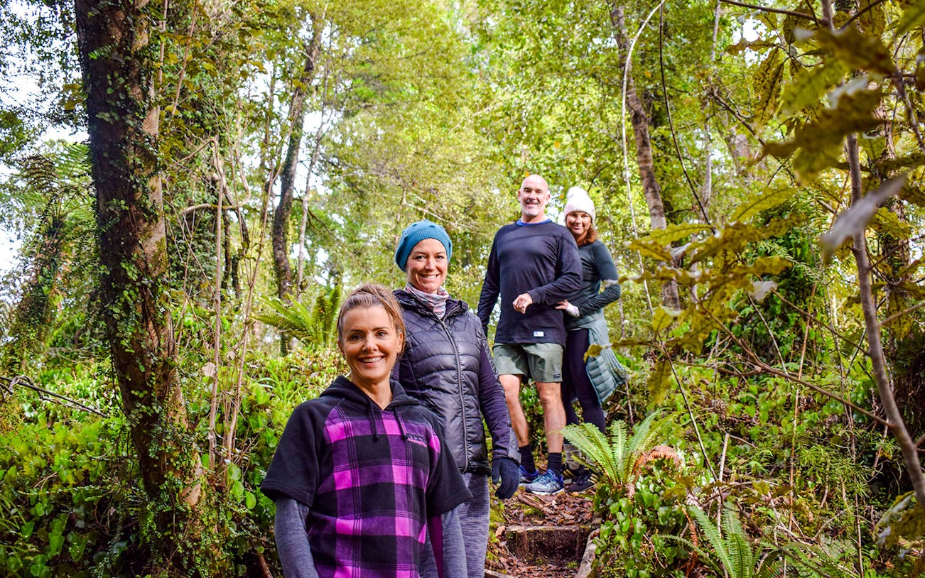 Tourists walking through lush rainforest at Franz Josef.