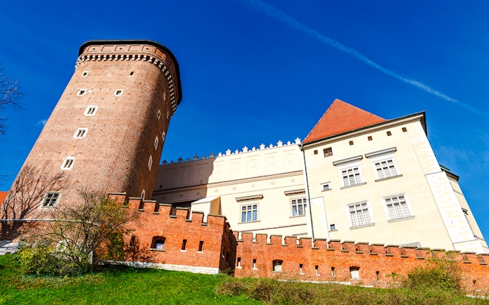 Baszta Sandomierska and Wawel Castle's fire tower in Krakow, Poland.