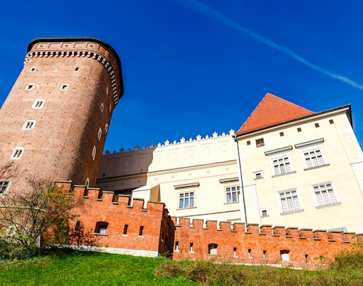 Baszta Sandomierska and Wawel Castle's fire tower in Krakow, Poland.