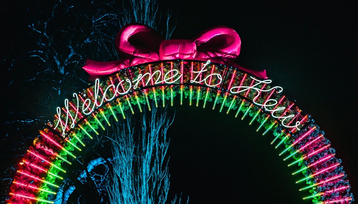 Kew Gardens illuminated with vibrant Christmas lights in London.