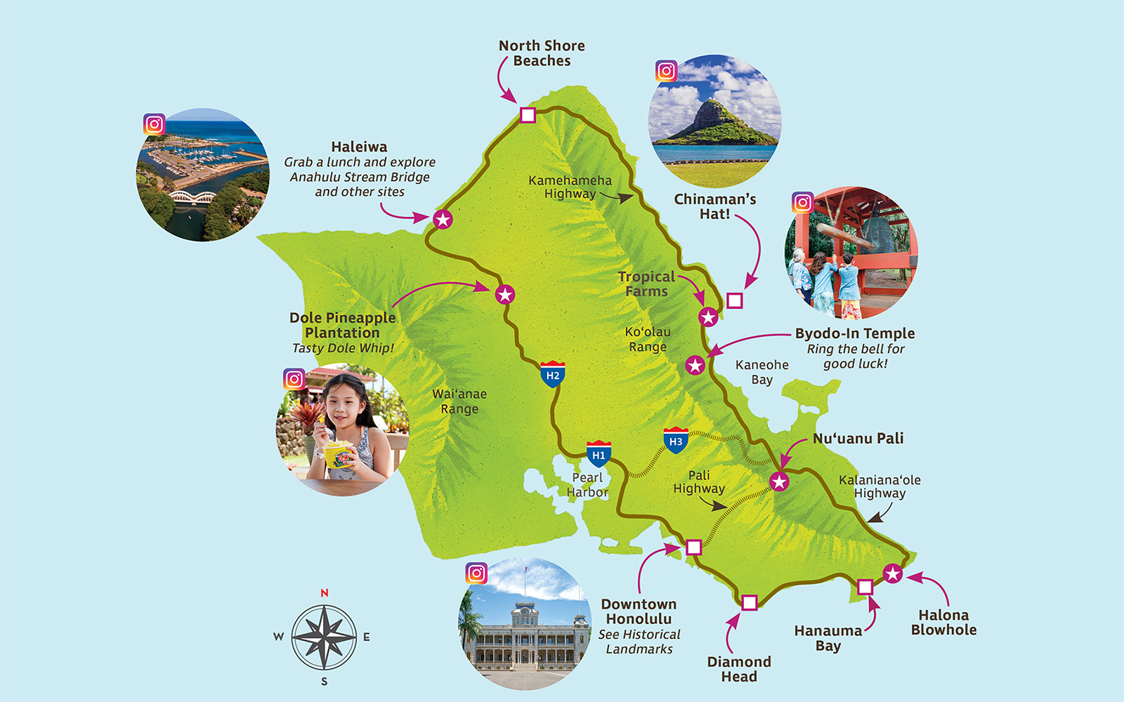 Oahu tour map highlighting key attractions like Haleiwa, Dole Plantation, and Byodo-In Temple.