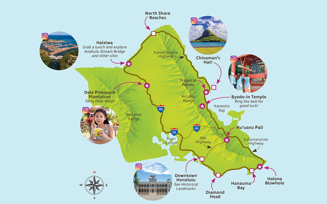Oahu tour map highlighting key attractions like Haleiwa, Dole Plantation, and Byodo-In Temple.