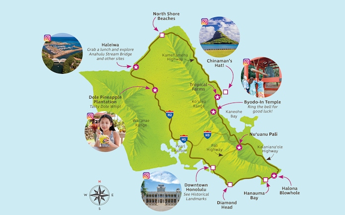 Oahu tour map highlighting key attractions like Haleiwa, Dole Plantation, and Byodo-In Temple.