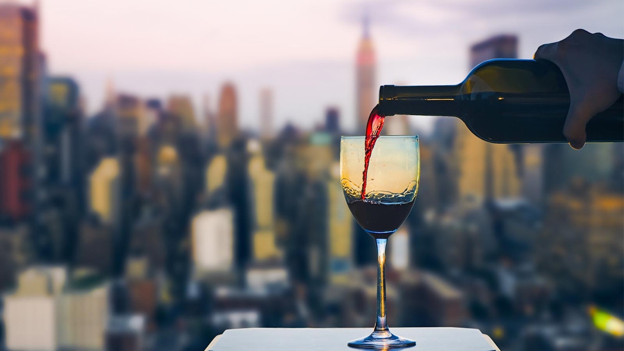 Pouring wine at a rooftop new york restaurant