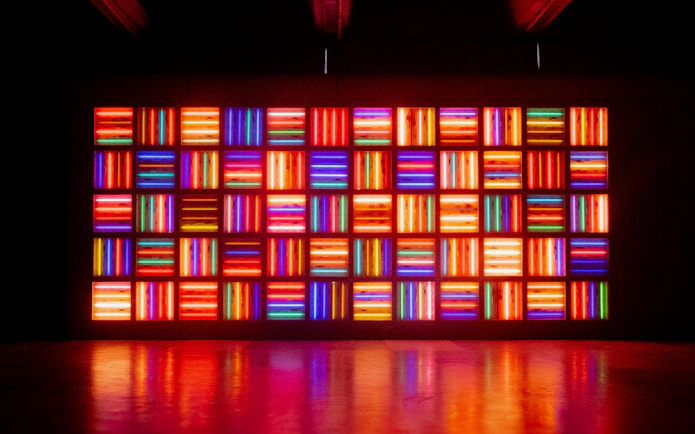 Colorful neon light installation at Amsterdam Light Festival.