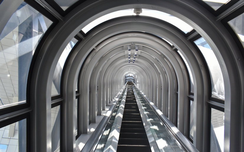 Escalator inside the Umeda Sky Building in Osaka, Japan.