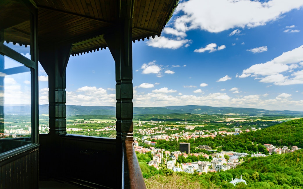 View from Watchtower Diana overlooking Karlovy Vary landscape on a day trip from Prague.