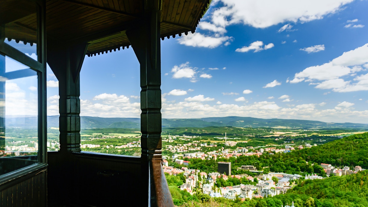 View from Watchtower Diana overlooking Karlovy Vary landscape on a day trip from Prague.