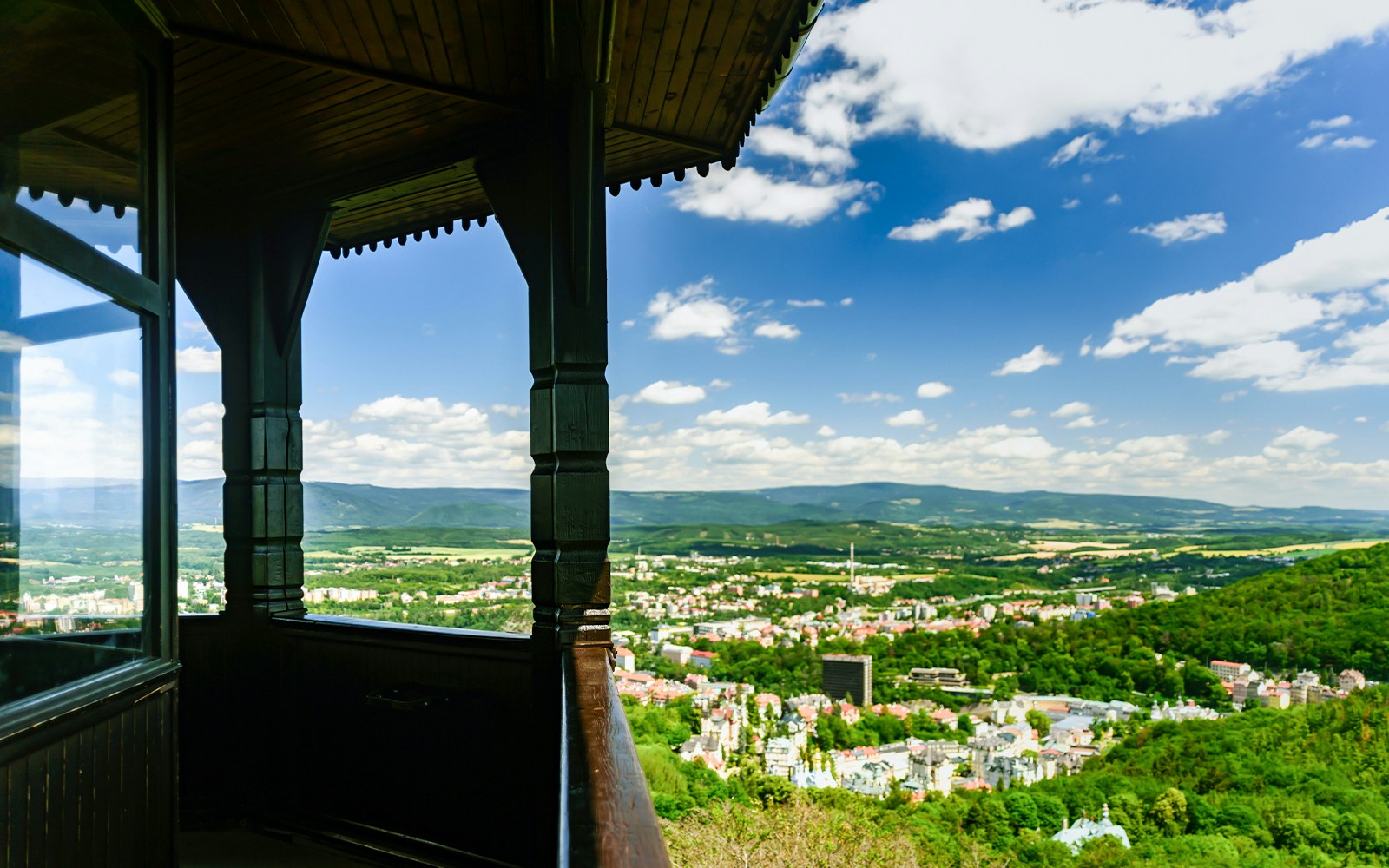 View from Watchtower Diana overlooking Karlovy Vary landscape on a day trip from Prague.