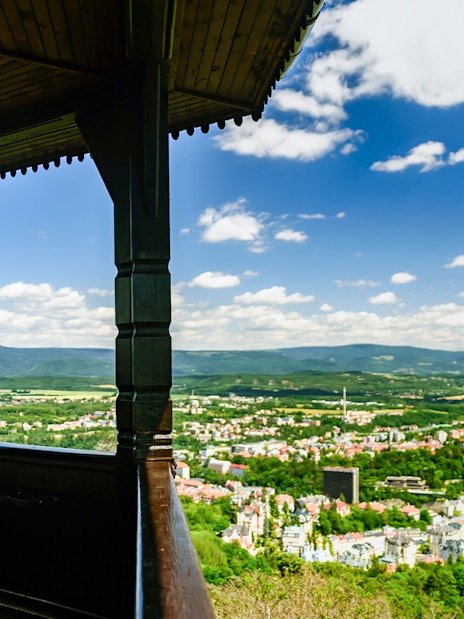 View from Watchtower Diana overlooking Karlovy Vary landscape on a day trip from Prague.