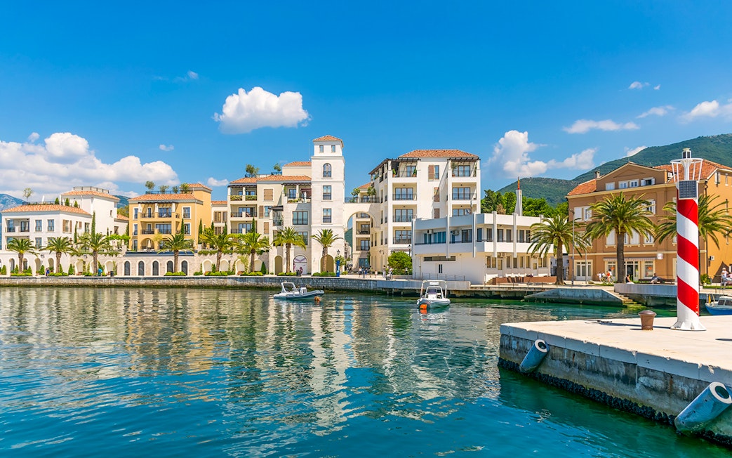 Bay of Tivat waterfront with colorful buildings and boats during Blue Cave tour.