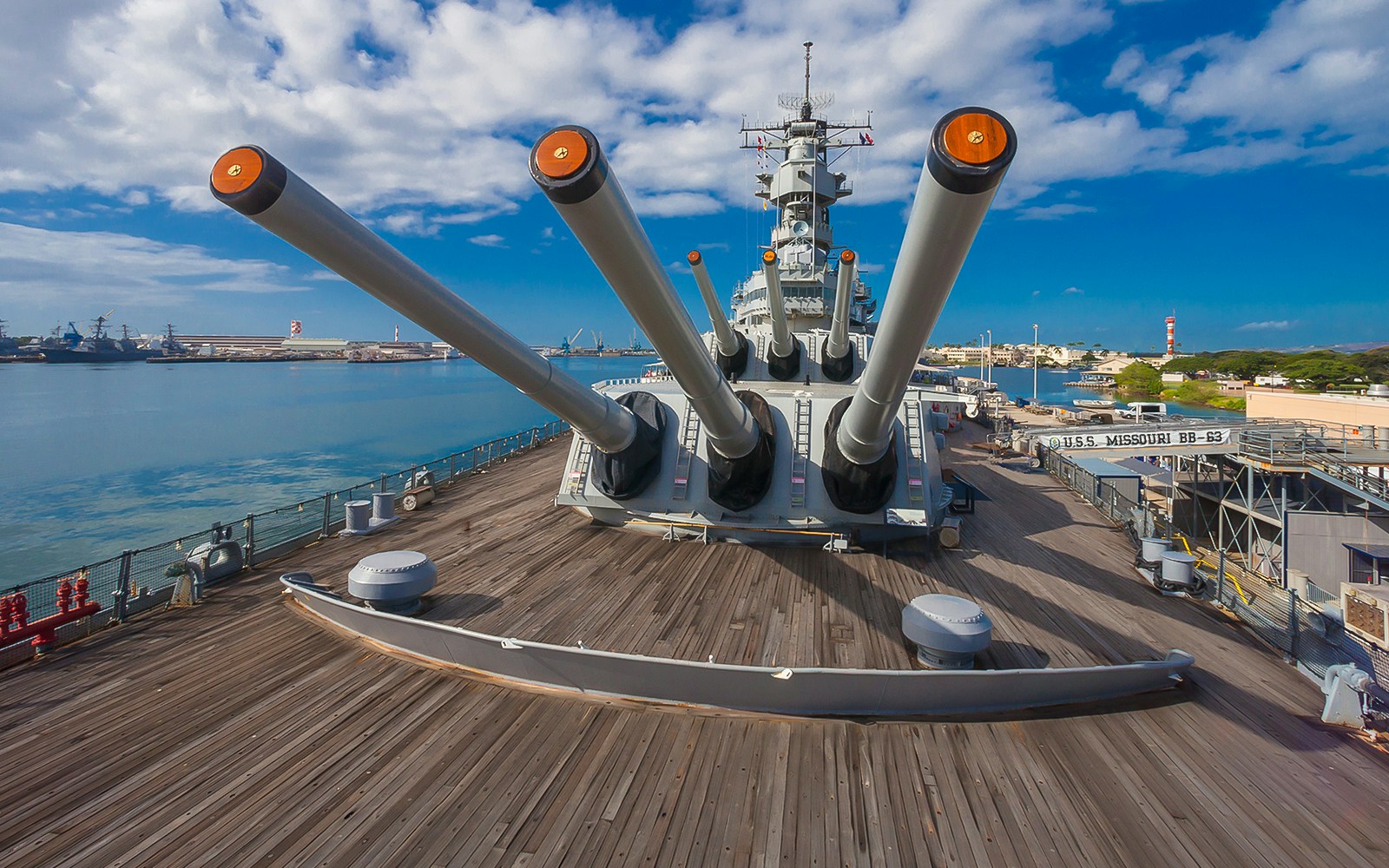 USS Missouri battleship deck with large guns, Pearl Harbor, Oahu.