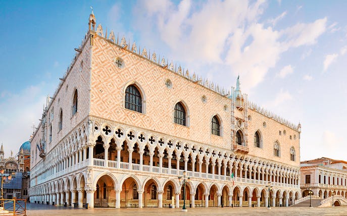 Doge's Palace with Gothic arches in Venice, Italy.