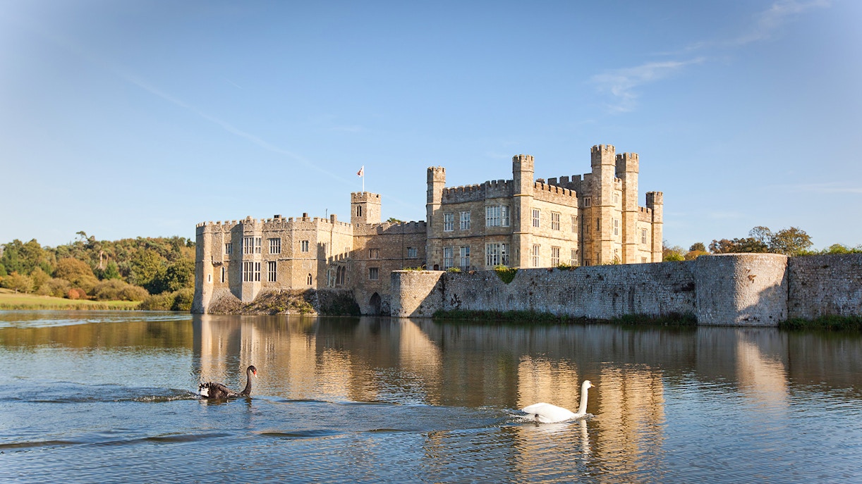 Leeds Castle with swans on the moat in Kent, England.