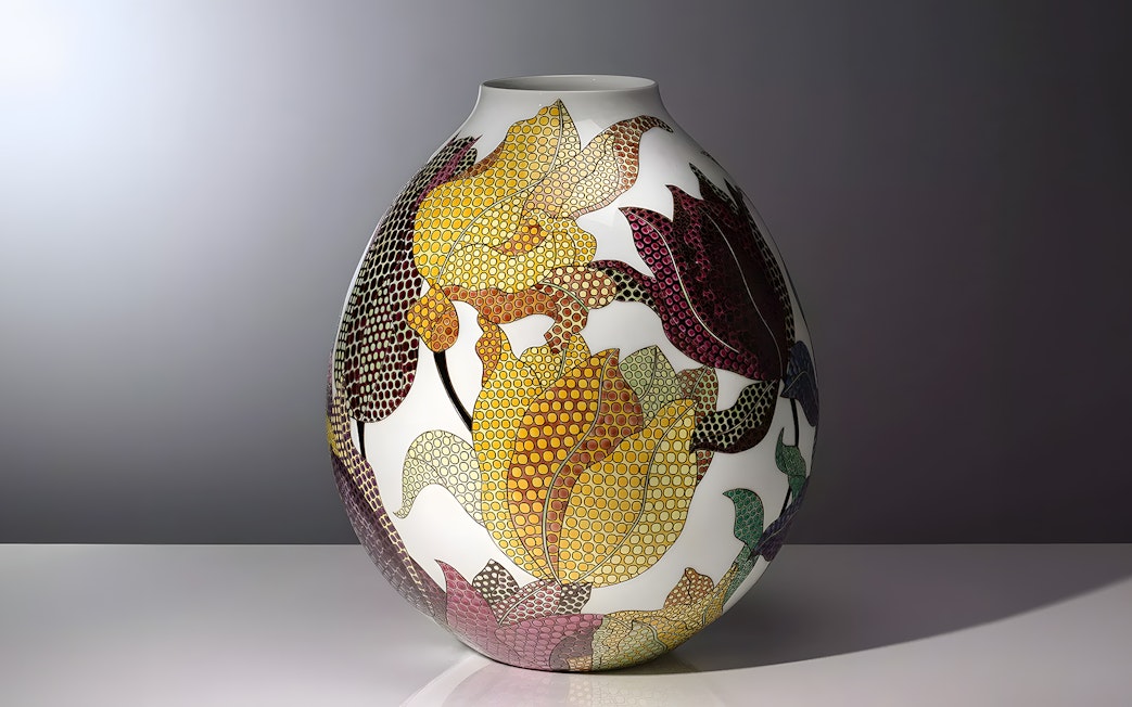 Porcelain pot with colorful floral patterns at Expressions in Blue exhibition, Kew Gardens.