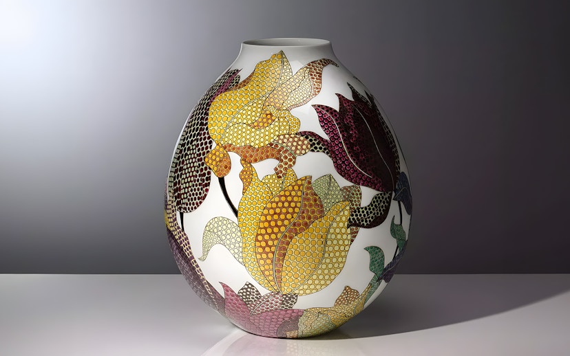 Porcelain pot with colorful floral patterns at Expressions in Blue exhibition, Kew Gardens.