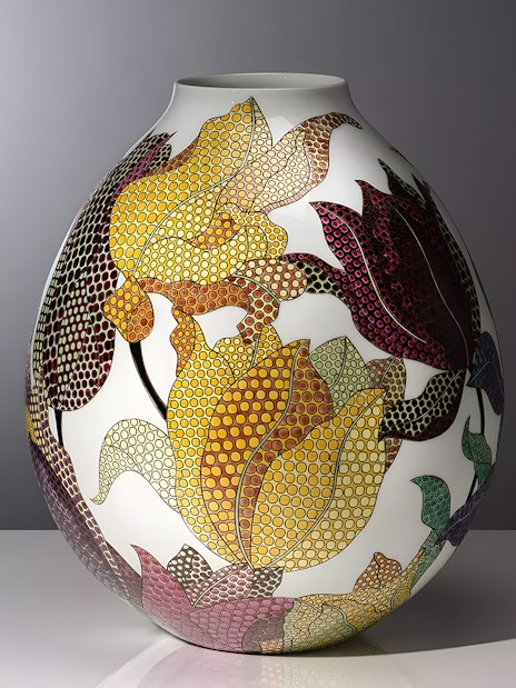 Porcelain pot with colorful floral patterns at Expressions in Blue exhibition, Kew Gardens.