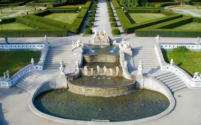 Sculptures and fountains in the gardens of Cesky Krumlov Castle.
