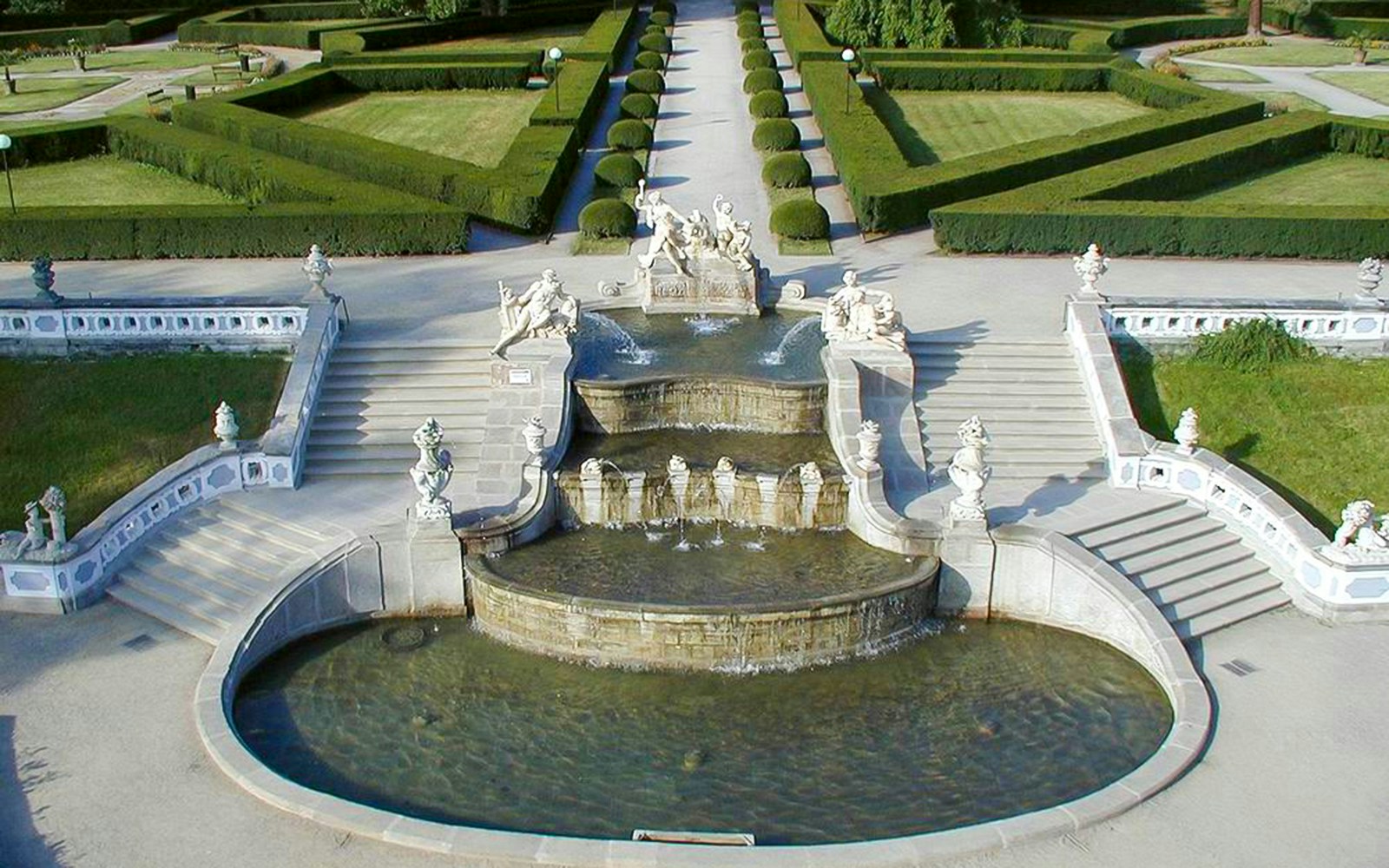 Sculptures and fountains in the gardens of Cesky Krumlov Castle.
